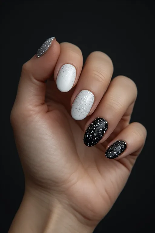white glitter halo oval nails black base