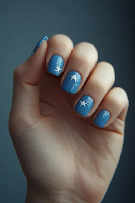 denim blue nails with white star accent