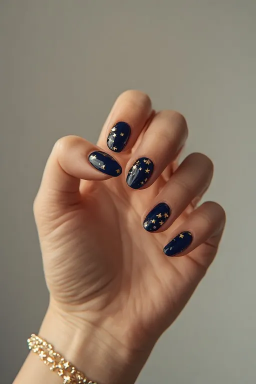 navy nails with gold star accent detail
