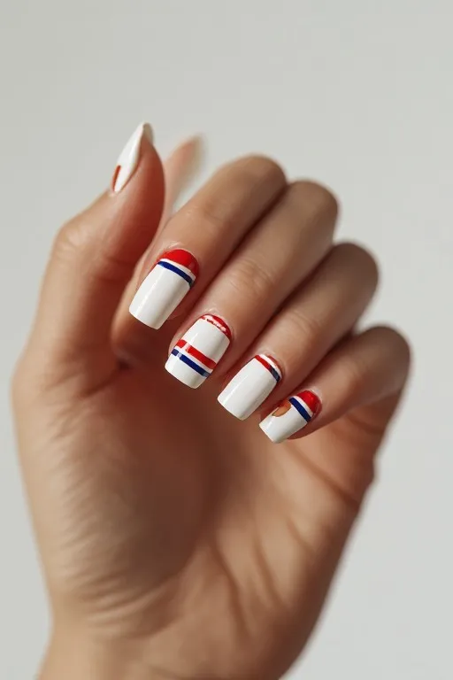white nails with red and navy stripe art