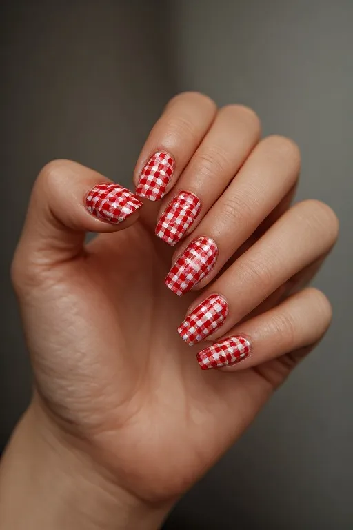 white nails with red gingham pattern art