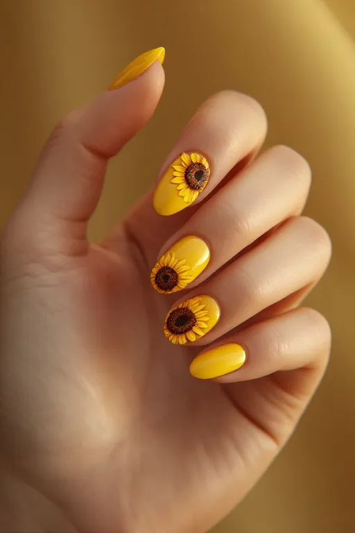 yellow nails with sunflower nail art accent