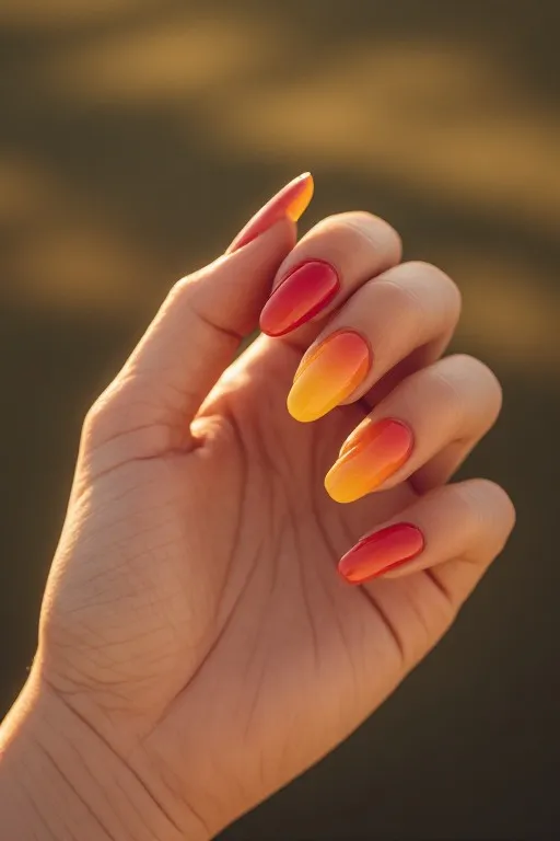 sunset ombre coral orange yellow oval nails