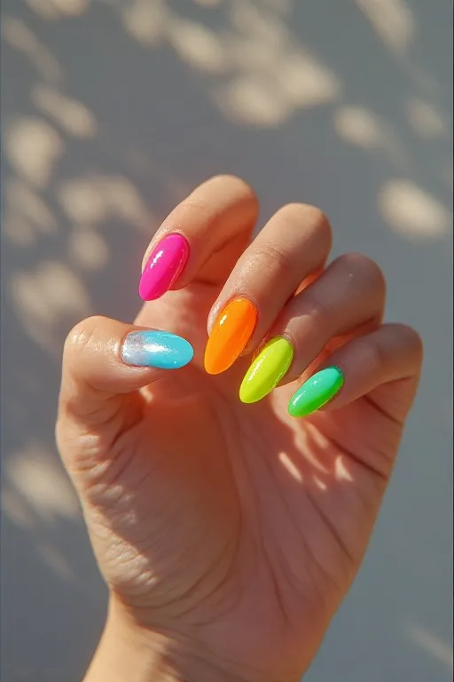 tropical neon mix bright color oval nails