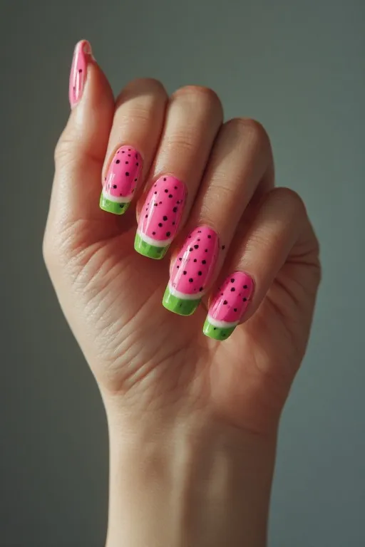 pink nails with watermelon design green tip seeds