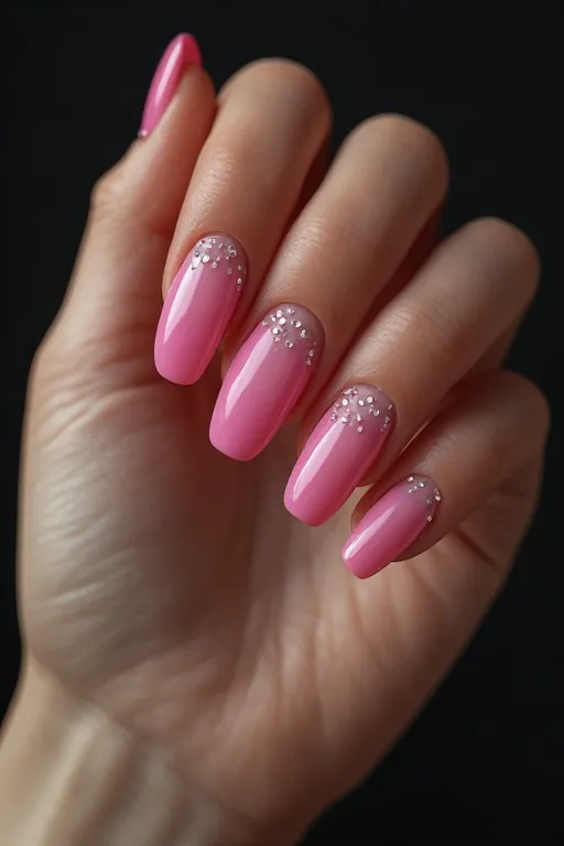 hot pink french tips with rhinestone smile line