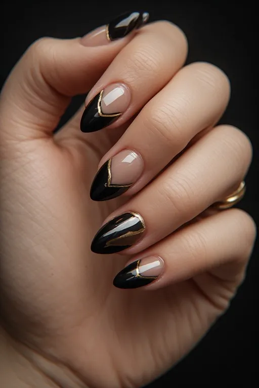 black french tips with gold smile line detail