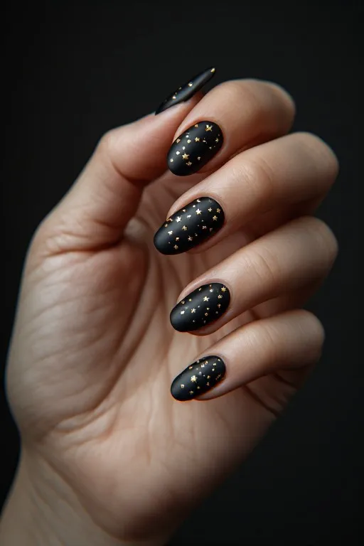 
black french tips with gold star detail almond