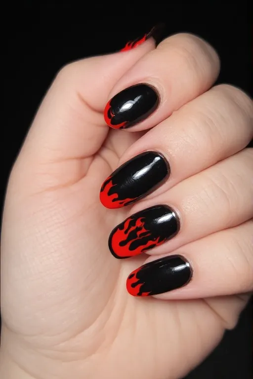 black french tips with red flame smile line