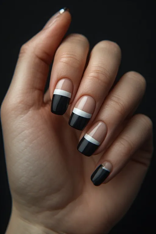 
black tip white reverse french almond nails