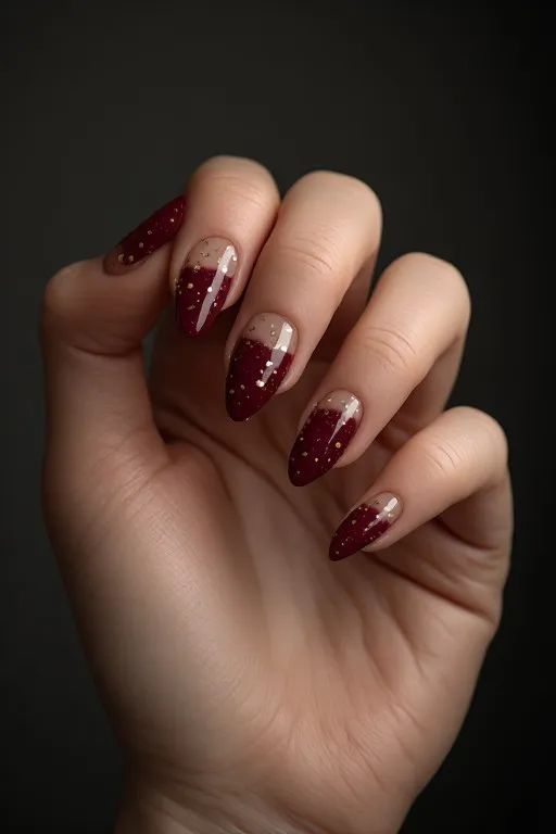 
burgundy french tips on gold fleck base