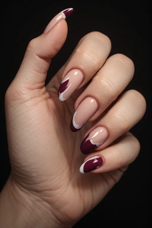burgundy french tips on milky white base