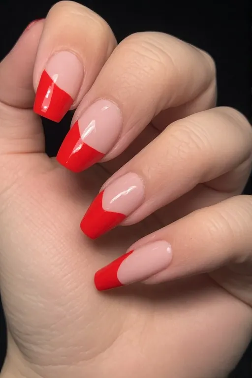red diagonal french tip square nails
