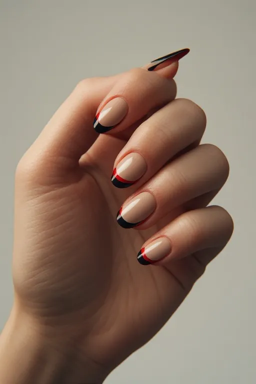 
double layered red black french tip almond nails