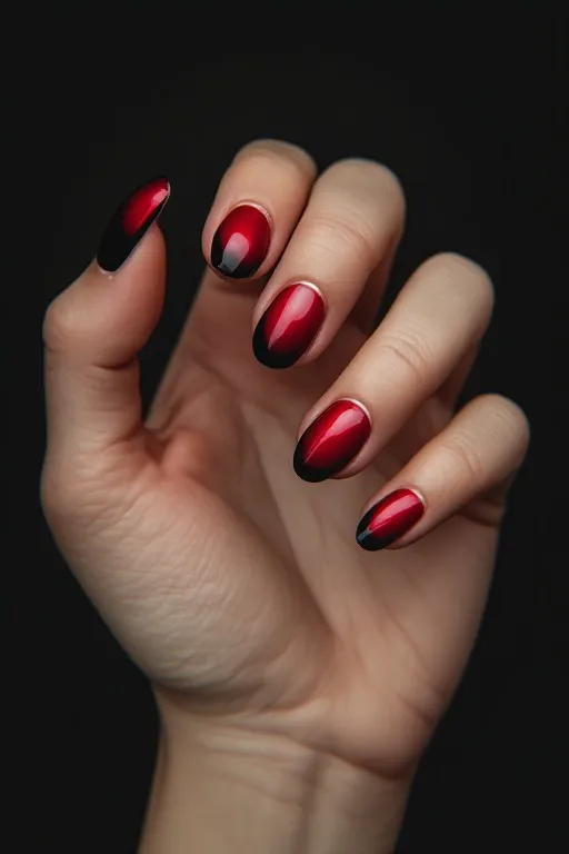 
ombre red to black french tip almond nails