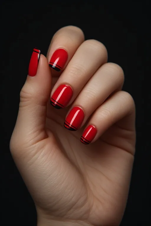 
red french tips with black outline detail
