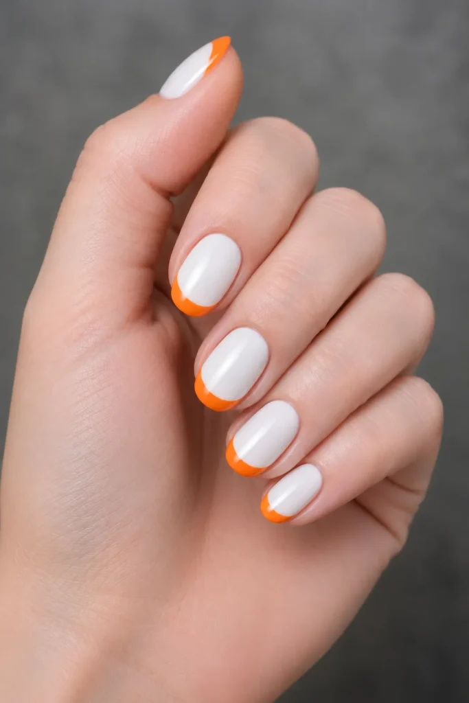 
orange french tips on white base oval nails