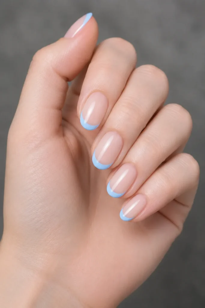 
sky blue french tips on sheer base oval nails