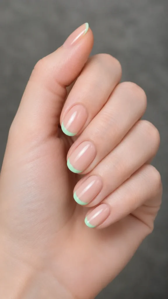 mint green french tips on nude base oval nails
