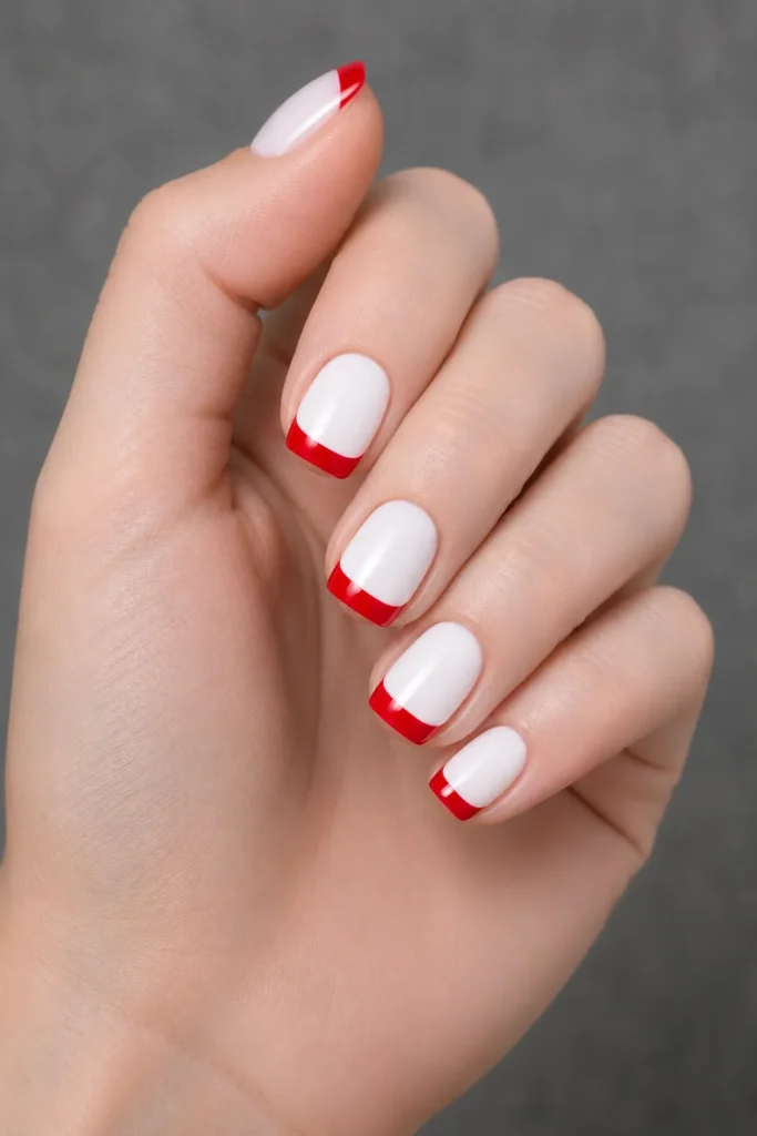 
red french tips on white base square nails