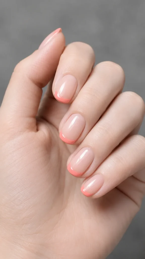 coral french tips on sheer base oval nails