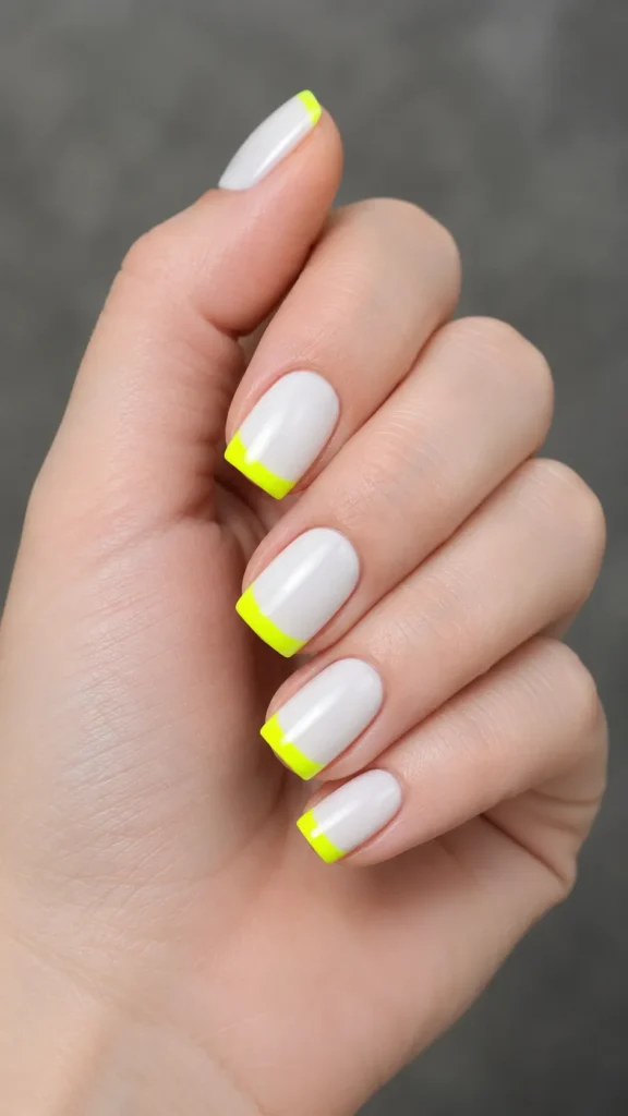 neon yellow french tips on white base square nails