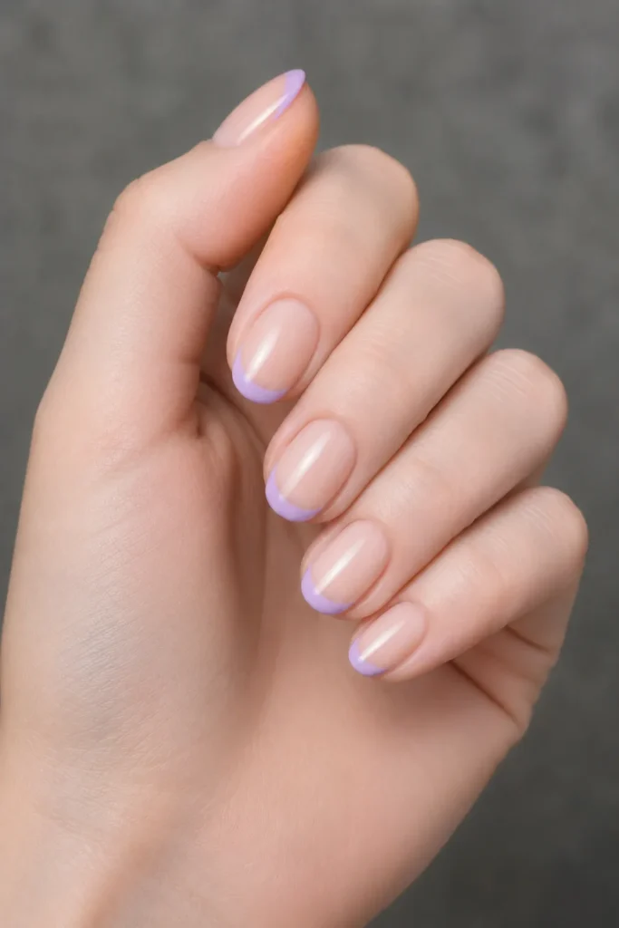 
lilac french tips on nude base oval nails