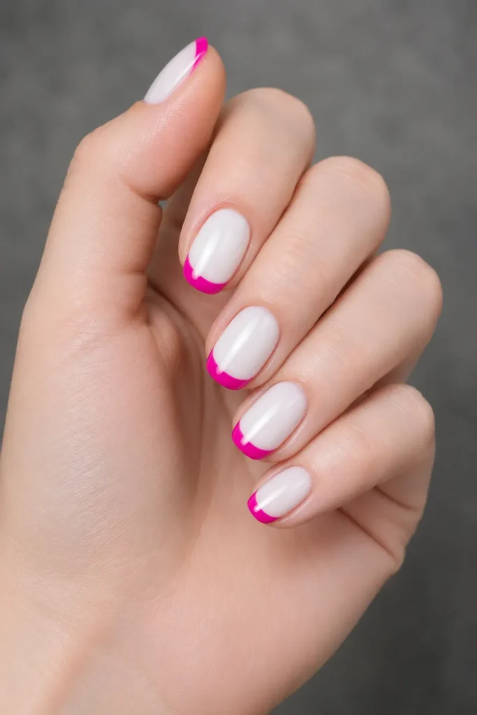 fuchsia french tips on milky white base oval nails