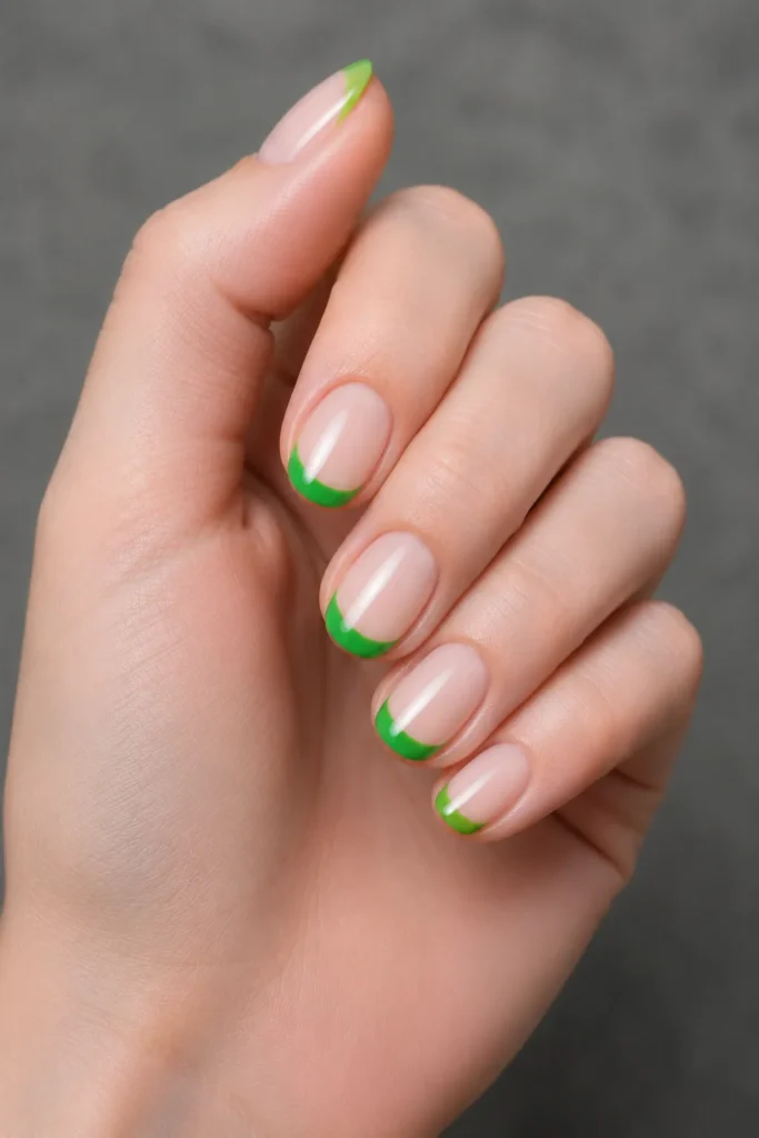
bright green french tips on nude base oval nails