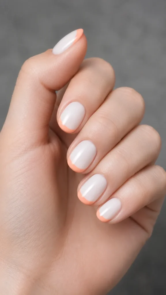 
peach french tips on milky white base oval nails