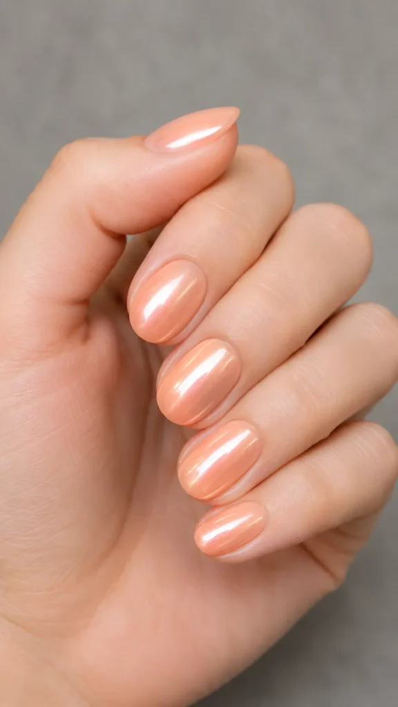 glazed peach oval nails warm pearl finish