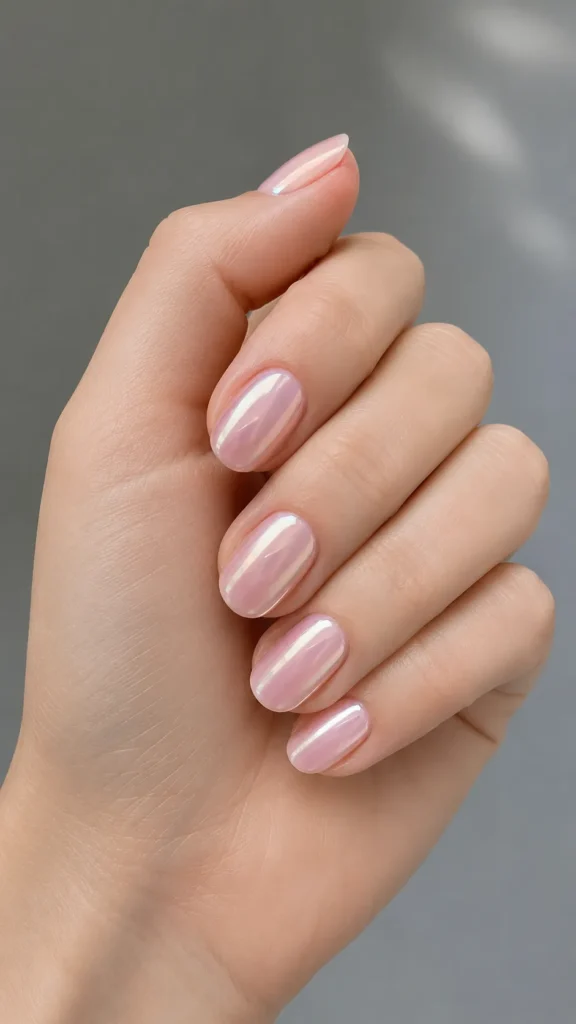 glazed pink oval nails pearl chrome finish