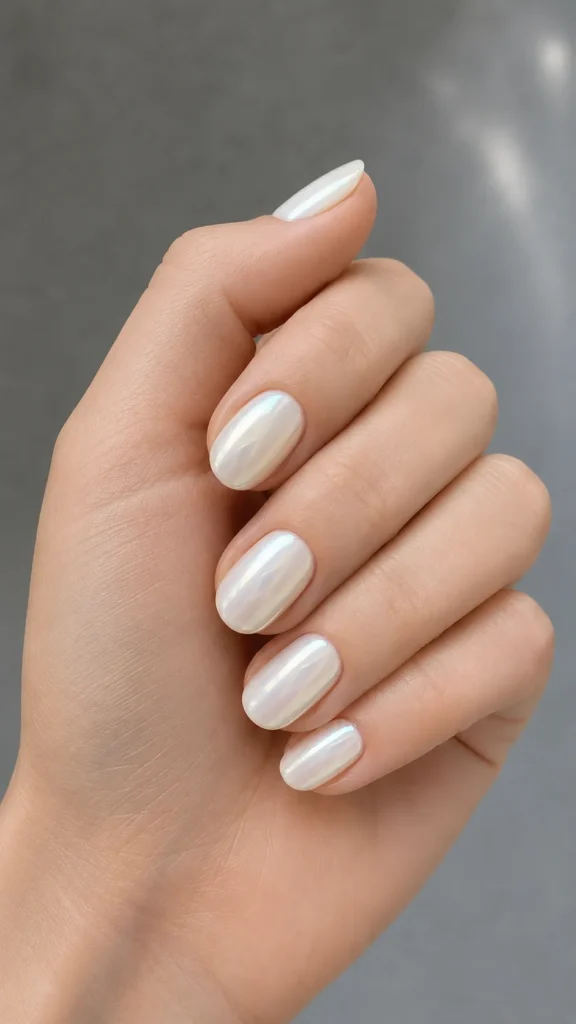 glazed white oval nails iridescent pearl finish