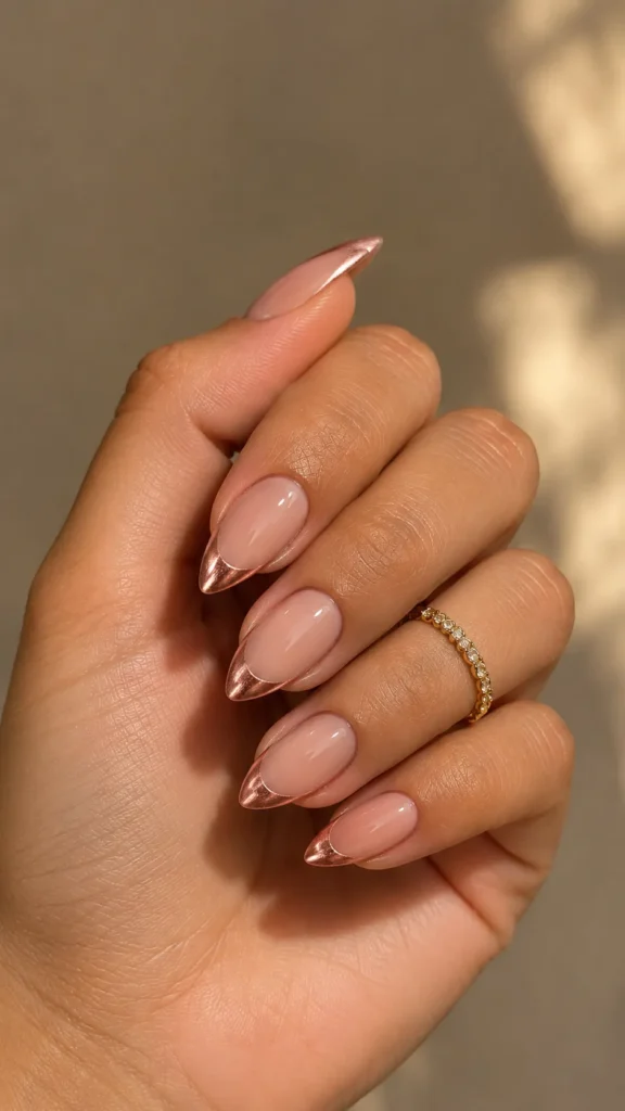 glazed nude almond nails with rose gold tips