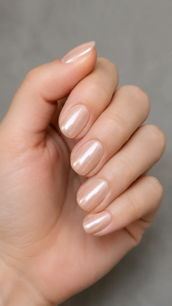 classic glazed nude oval nails pearl sheen