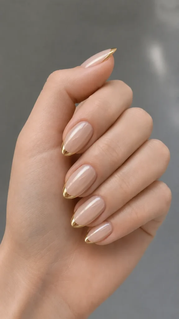 
glazed nude nails with gold chrome tips