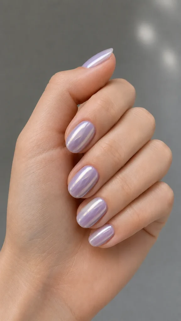 
glazed lavender oval nails pearl chrome finish
