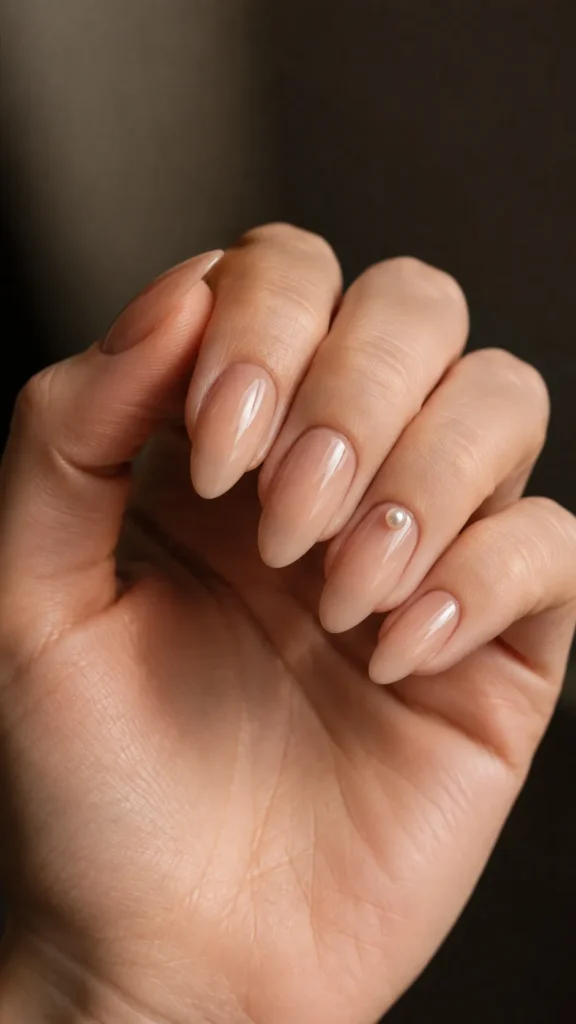 nude almond nails with single pearl accent