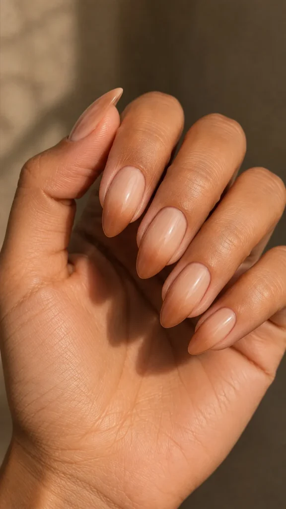 nude ombre almond nails light to deeper tone