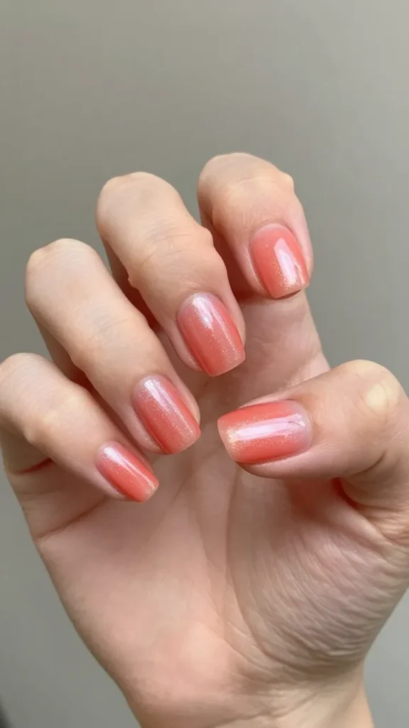 
glazed coral oval nails warm pearl finish