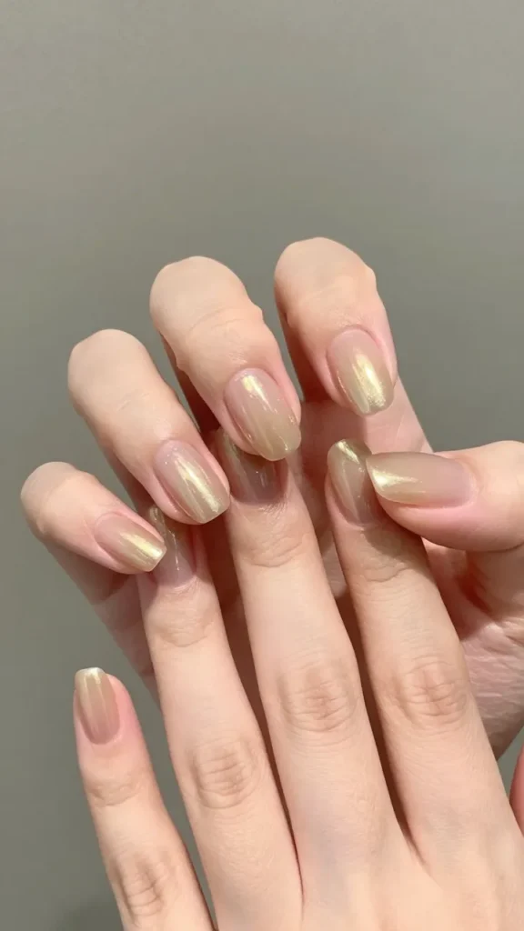 
glazed champagne oval nails golden pearl finish