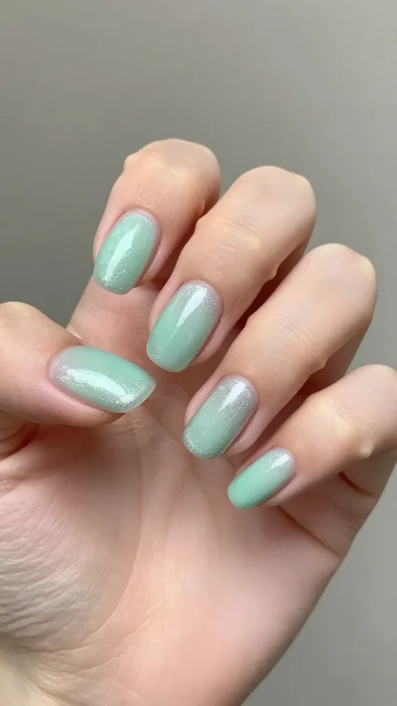 
glazed mint oval nails icy pearl chrome finish
