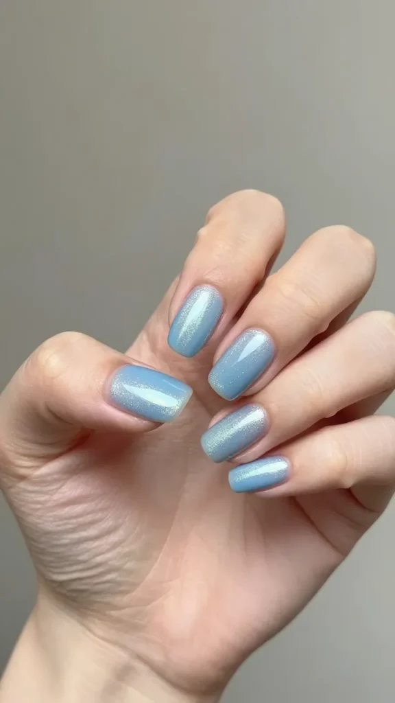 
glazed sky blue oval nails silver pearl finish