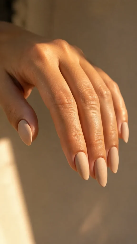 sandy nude matte almond nails warm finish