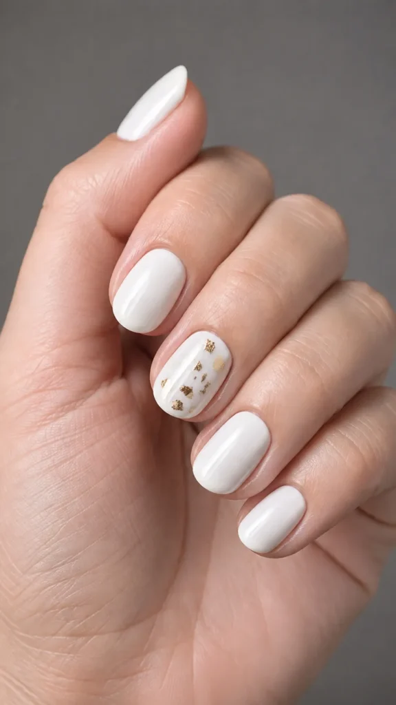 milky white nails with gold foil accent