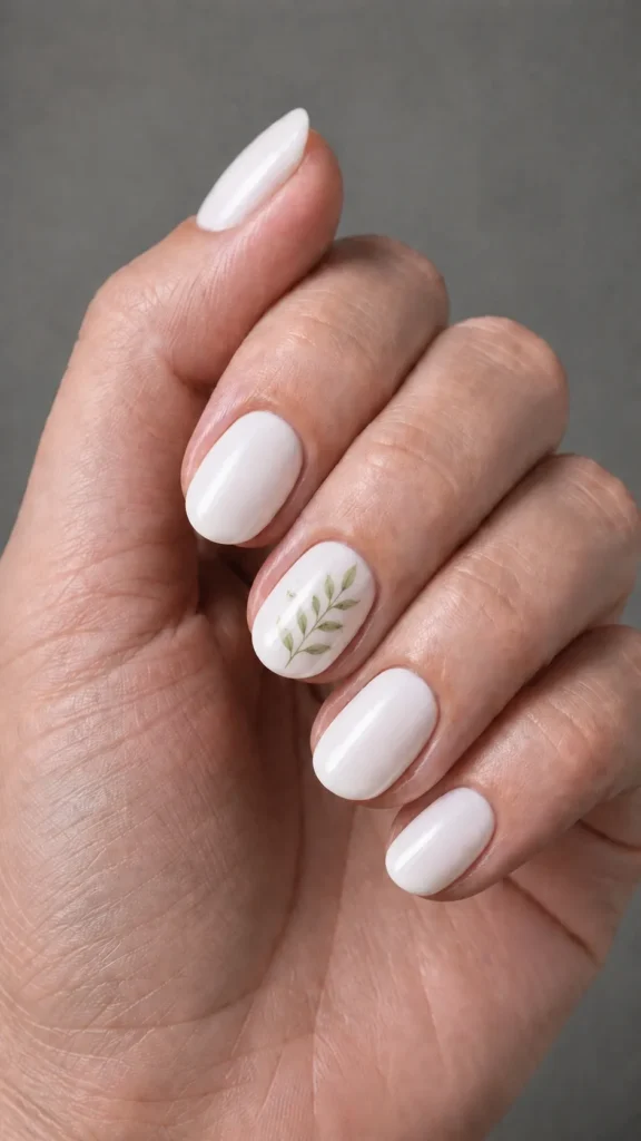 milky white nails with green leaf botanical accent