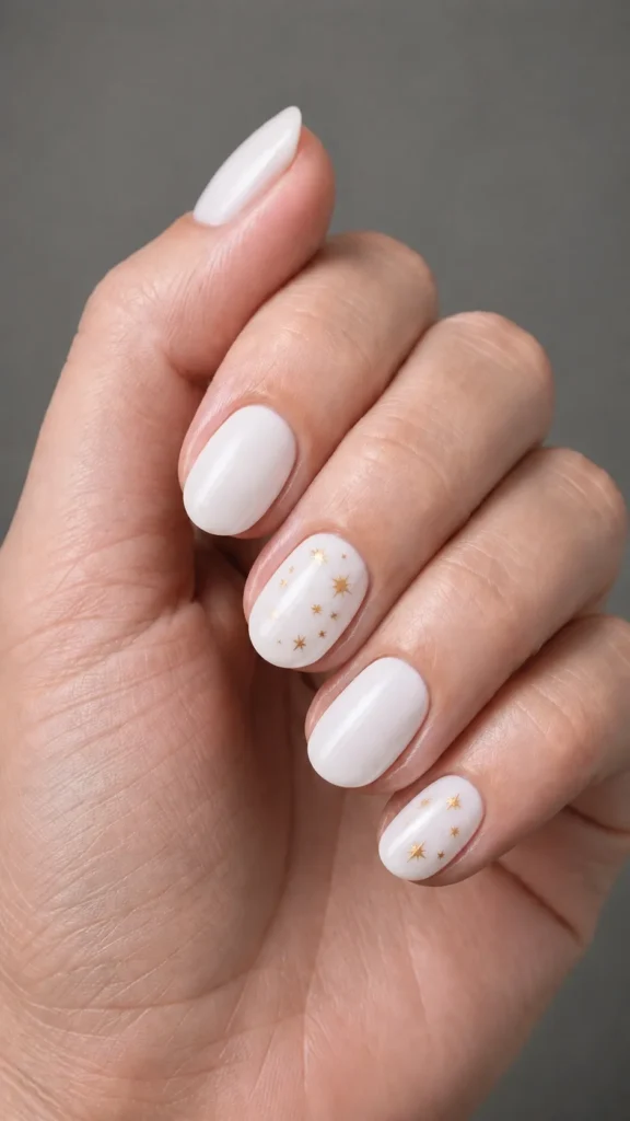milky white nails with scattered gold stars