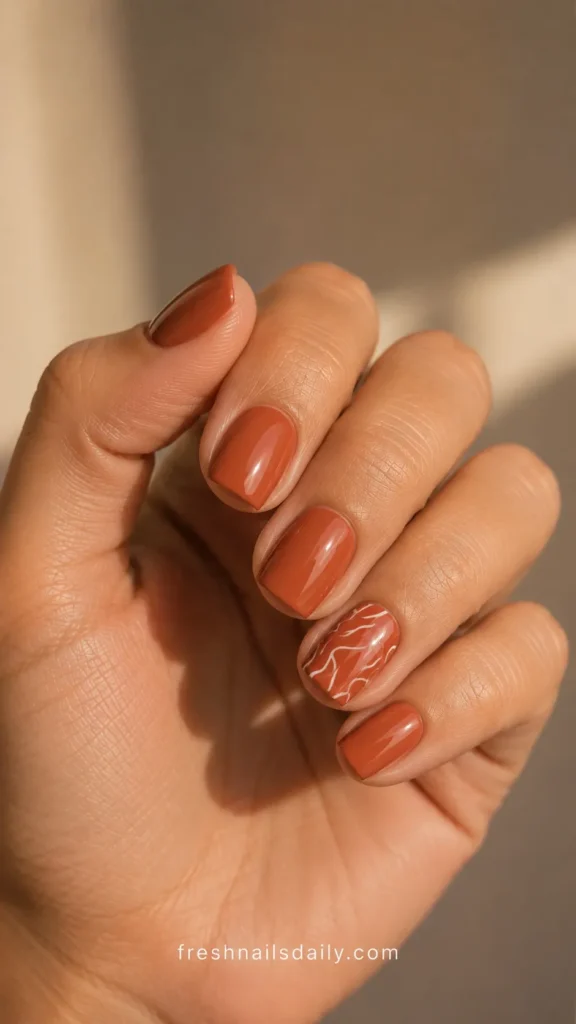 
terracotta short square nails with abstract line art