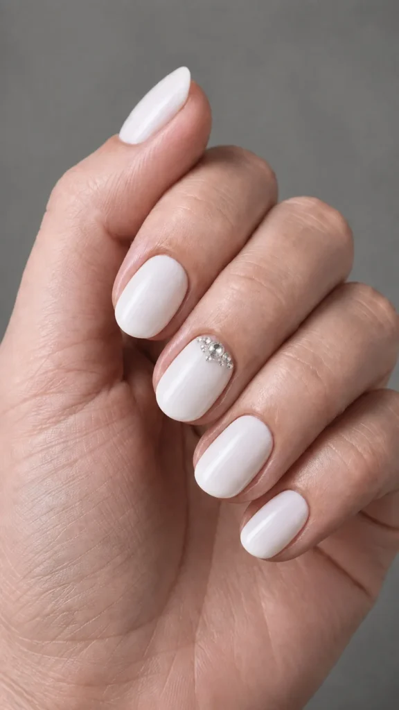 milky white nails with rhinestone accent cluster