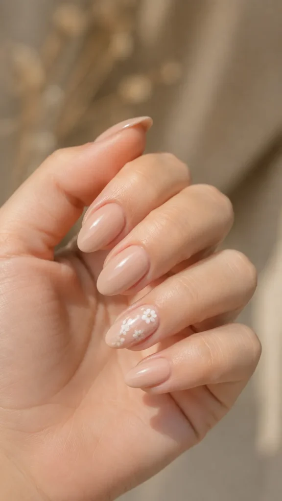 nude almond nails with white floral accent